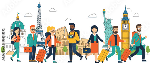 Tourists traveling around famous world landmarks with luggage vector illustration