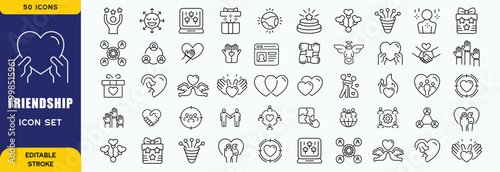 Friendship icon set. Containing friends, group of friend, socialize, friendly, cheers, trust, support and best friends icons. Solid icon collection. Vector illustration