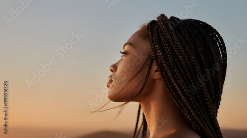 Young black woman looking thoughtfully at sunset outdoors with braids