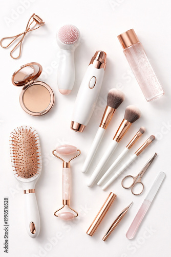 Elegant Beauty Essentials: An overhead shot showcases a curated collection of beauty tools, harmoniously arranged to capture the essence of self-care and cosmetic elegance.