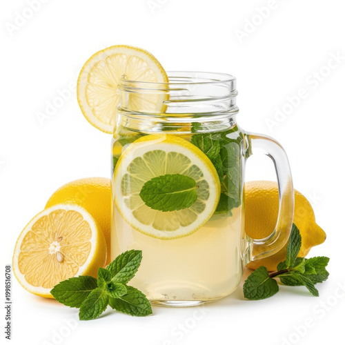 Freshly brewed lemon mint herbal tea in a glass with ice and lemon slices