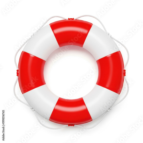 Bright red and white life-saving buoy floating on calm waters