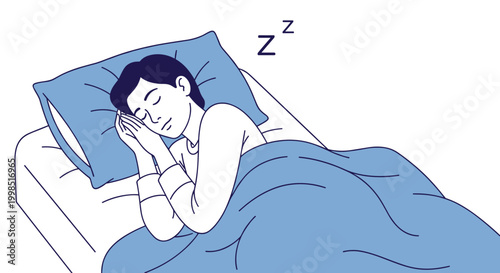 Young man sleeps soundly in a comfortable bed with a blue pillow and blanket under a dark blue sky with zzz symbols.