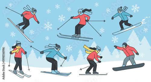 Collection of people enjoying winter sports including skiing and snowboarding on a snowy mountain with falling snowflakes.