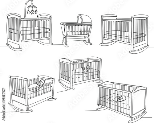 Collection of Baby Cribs in Various Styles, Rocking and Non-Rocking Designs in Simple Line Art for Nursery and Baby Furniture Concepts