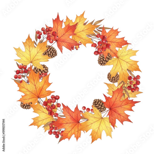 A vibrant autumn wreath made of colorful fall leaves and small pumpkins