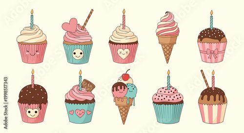 Set of cute hand drawn cupcakes and ice cream cones with faces and candles for birthday party celebration icons.