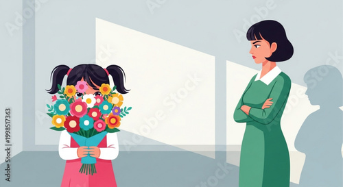 Little girl holding a bouquet of flowers facing an angry woman concept of apology or reconciliation flat illustration style