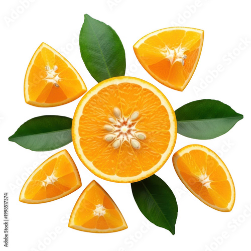 Vibrant citrus fruit sunburst design with green leaves and orange slices