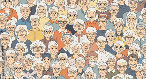 Large group of elderly people faces with gray hair and glasses representing senior citizens in a crowded community illustration.