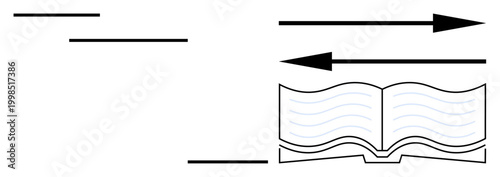 Learning, knowledge sharing, education, information flow, study guidance, conceptual diagrams. Open book with directional arrows. Learning and information flow concept illustrated clearly