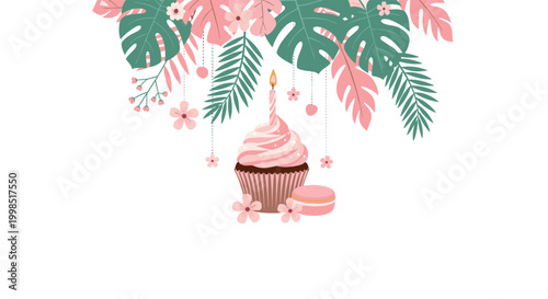 Pink birthday cupcake and macaron cookie decorated with tropical monstera leaves and flowers in a festive summer illustration.