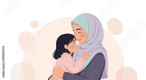Muslim mother embracing her daughter illustration of love and family bond concept for Islamic culture and motherhood soft pastel colors