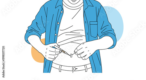Man in a blue shirt administering a medical injection into his abdomen for diabetes treatment or hormone therapy.