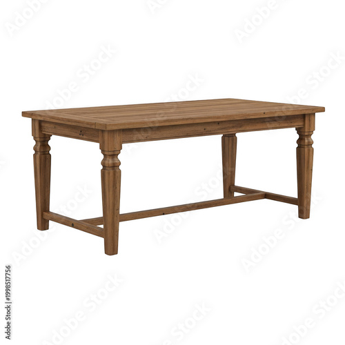 Rustic wooden dining table with simple turned legs and apron front