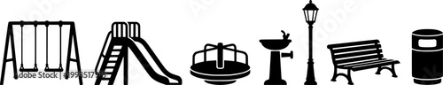 Essential park and playground equipment icons including a swing slide merrygoround fountain and lamppost suitable for urban design projects web interfaces and educational materials