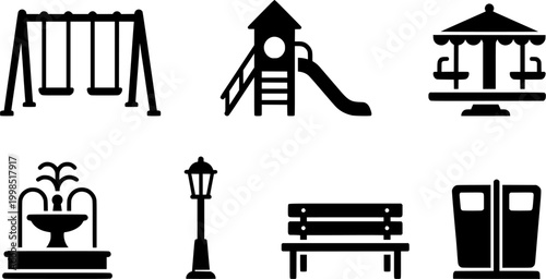 Essential park and playground equipment icons including a swing slide merrygoround fountain and lamppost suitable for urban design projects web interfaces and educational materials