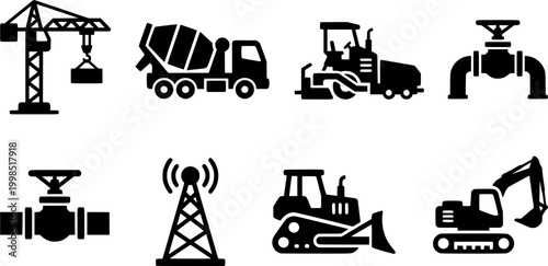 Essential construction equipment and infrastructure silhouettes including tower crane concrete mixer truck paver industrial pipe and telecom tower for industrial project presentations
