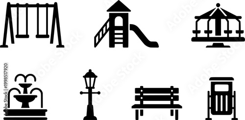 Essential park and playground equipment icons including a swing slide merrygoround fountain and lamppost suitable for urban design projects web interfaces and educational materials