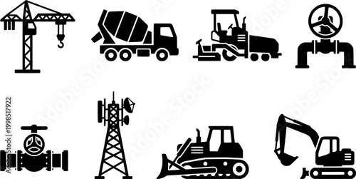 Essential construction equipment and infrastructure silhouettes including tower crane concrete mixer truck paver industrial pipe and telecom tower for industrial project presentations