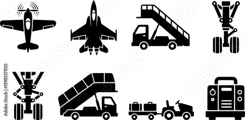 Collection of essential aviation and airport services icons featuring various aircraft types and ground support equipment for travel industry projects and transportation graphic assets