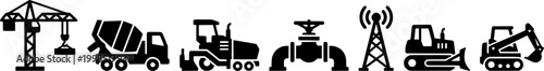 Essential construction equipment and infrastructure silhouettes including tower crane concrete mixer truck paver industrial pipe and telecom tower for industrial project presentations