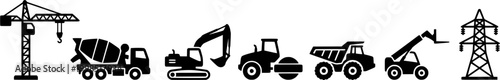 Essential construction equipment and infrastructure silhouettes including tower crane concrete mixer truck paver industrial pipe and telecom tower for industrial project presentations