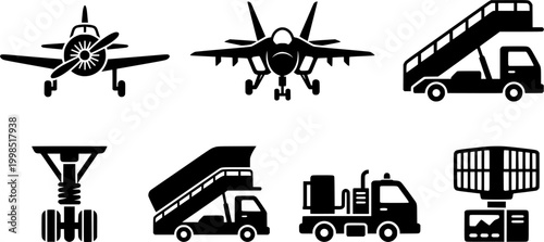 Collection of essential aviation and airport services icons featuring various aircraft types and ground support equipment for travel industry projects and transportation graphic assets