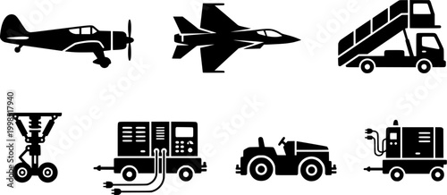 Collection of essential aviation and airport services icons featuring various aircraft types and ground support equipment for travel industry projects and transportation graphic assets