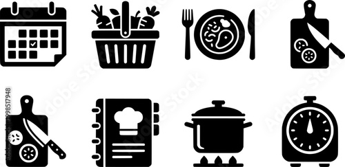 Food planning and cooking process glyph icons for meal preparation applications and kitchen related content

