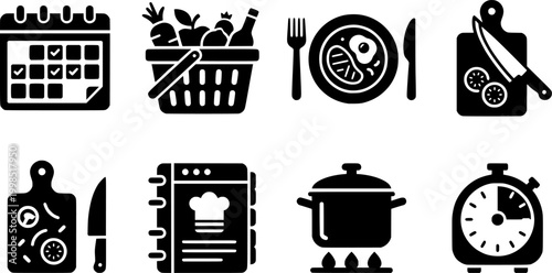 Food planning and cooking process glyph icons for meal preparation applications and kitchen related content
