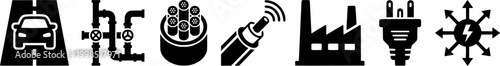 Essential infrastructure and utility icons illustrating critical systems like road transport, water, communication, power generation, and electrical grids for diagrams and graphics.