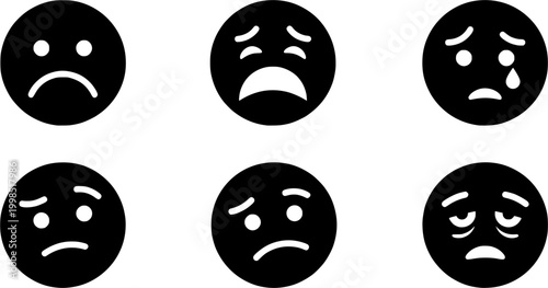 Hand drawn sad face emoticon with a distressed brushstroke appearance expressing negative feelings or disappointment, useful for conveying low mood in various communication materials.