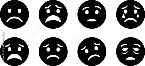 Hand drawn sad face emoticon with a distressed brushstroke appearance expressing negative feelings or disappointment, useful for conveying low mood in various communication materials.