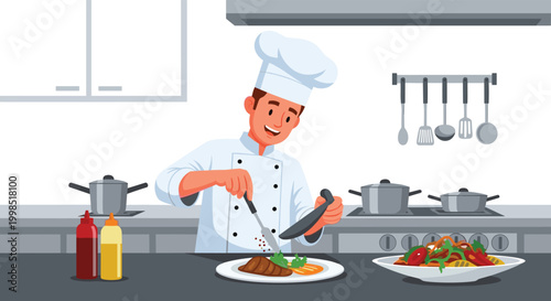 Professional chef in a kitchen environment preparing a gourmet steak and salad dish for restaurant guests illustration.