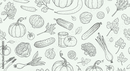 Detailed vintage style seamless pattern of various hand drawn vegetables like pumpkin cucumber tomato and broccoli.