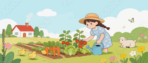 Girl tending garden with animals