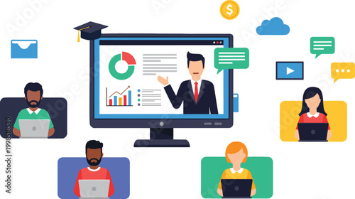 Businessman presents data to students online with laptops