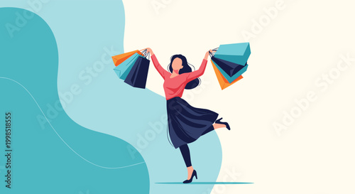 Joyful woman celebrates a successful shopping spree while holding multiple colorful paper bags against a stylized blue backdrop.
