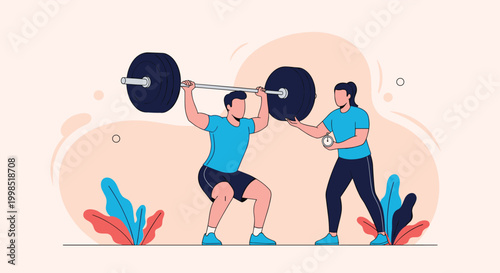 Strong man performs a barbell squat exercise while a female fitness coach carefully tracks his performance with a stopwatch.