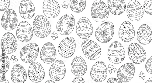 Intricate black and white line art seamless pattern displays a variety of uniquely decorated Easter eggs with floral and geometric motifs.