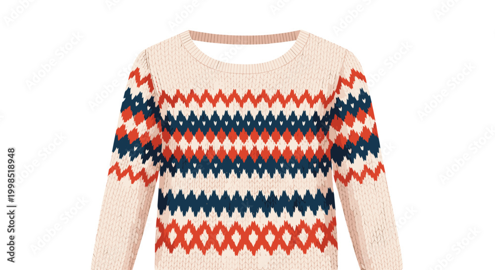 Fototapeta premium Cozy knitted winter sweater features a traditional fair isle style pattern with vibrant red, navy blue, and white diamonds.