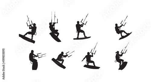 Group of black silhouettes of kitesurfers riding boards on ocean waves captured in dynamic extreme sports action poses.