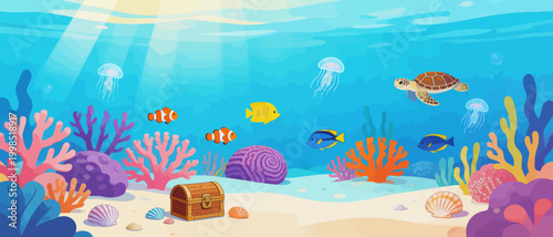 Underwater sea life with treasure chest