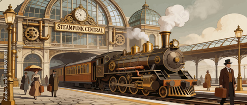 Steampunk train station with steam engine