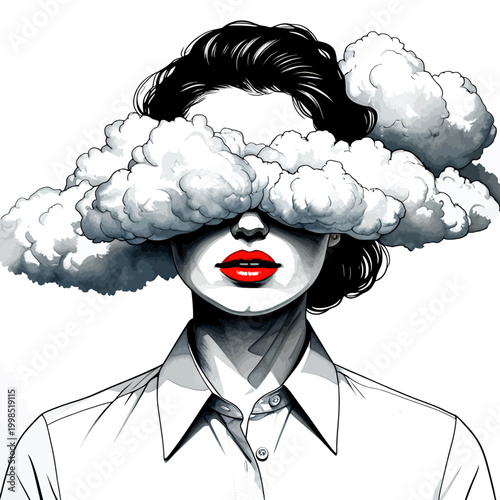 Surreal Black and White Woman Illustration with Expansive Cloud Over Eyes and Bold Red Lips
