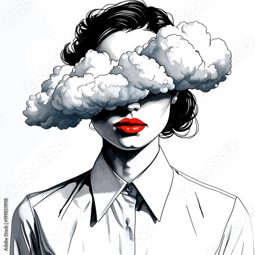 Surreal Black and White Woman Illustration with Fluffy Cloud Over Eyes and Bold Red Lips
