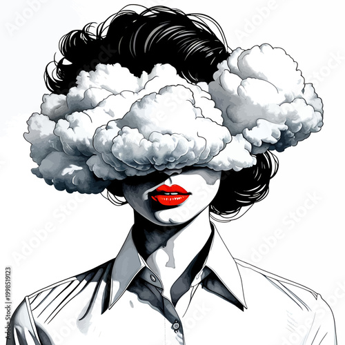 Surreal Black and White Woman Illustration with Large Cloud Over Eyes and Bold Red Lips