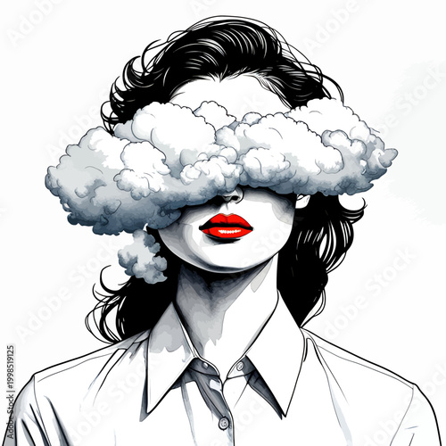 Surreal Black and White Woman Illustration with Cloud Obscuring Eyes and Bold Red Lips