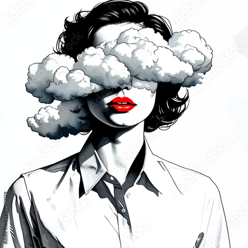 Surreal Black and White Woman Illustration with Cloud Over Eyes and Bold Red Lips Clipart